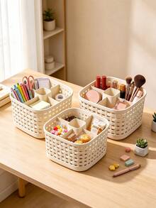 1pc Synthetic Plastic Faux Rattan Multi-Compartment Storage Box, Cream Style Desktop Organizer Bin For Makeup Brushes, Cosmetics, Stationery And Miscellaneous Items - Beige - View 3