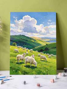1pc Sheep On Grass Carp DIY Oil Painting By Numbers, Canvas Painting DIY Crafts, Adult Home Decoration, Holiday Gift. - Sets - View 2