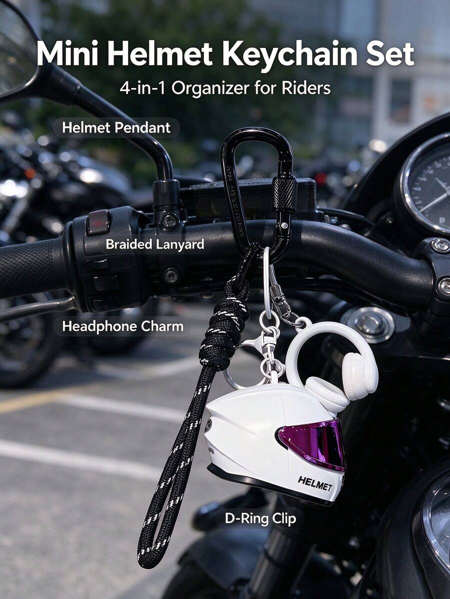 4-In-1 Mini Motorcycle Helmet + Realistic Earphone Pendant + Braided Lanyard + D-Ring Keychain Set, Motorcycle Riding Enthusiast Bag Charm, Personalized Portable Car Key Chain, Creative Gift For Motorcycle Lovers And Riders - Multicolor - View 1