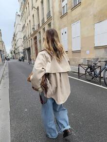 Elegant Fashionable Vintage Collar Colorblock Long Sleeve Button Front Regular Length Jacket Suitable For Autumn/Winter Wear - Khaki - View 2
