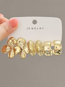 3-9 Pairs Thick Gold Plated Earrings Set, Women's Hypoallergenic Thick Gold Earrings, Multi-Element New Fashion Earrings Set - Gold - View 3