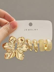 3-9 Pairs Thick Gold Plated Earrings Set, Women's Hypoallergenic Thick Gold Earrings, Multi-Element New Fashion Earrings Set - Gold - View 3