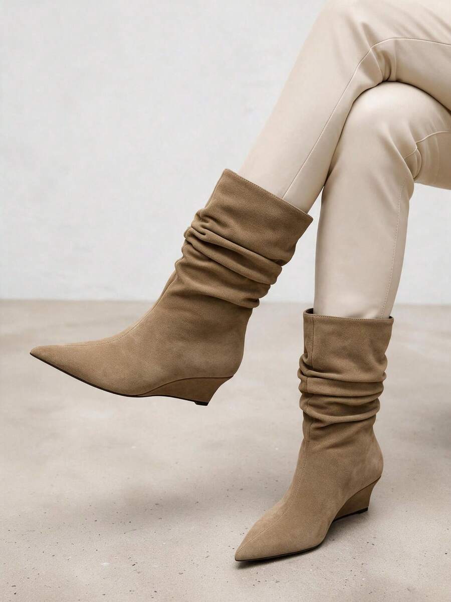 2026 Autumn/Winter New Pointed Toe Mid-Calf Wedge Heel Ruched Knight Boots Suede Ankle Boots Slouch Boots - Khaki - View 1