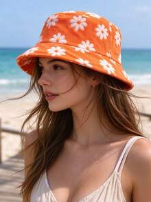 1pc Sun Wave Casual Streetwear Polyester Shell Jacquard Decor Bucket Hat, Geometric 3D Pattern, Spring Summer Autumn Winter - Daisies In Bright Orange - View 2