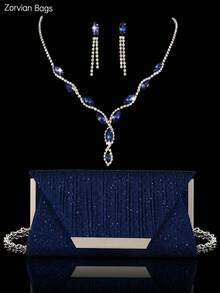 REMANLAND 3 Pieces Evening Jewelry Set, Luxury Pleated Evening Bag, Shiny Clutch Bag, Shoulder Bag, Paired With 2 Pieces Sparkling Rhinestone Pendant Set, Rhinestone Pendant Necklace, Earrings, Suitable For Parties, Gatherings, Evening Events, Balls, Weddings - Navy Blue - View 1