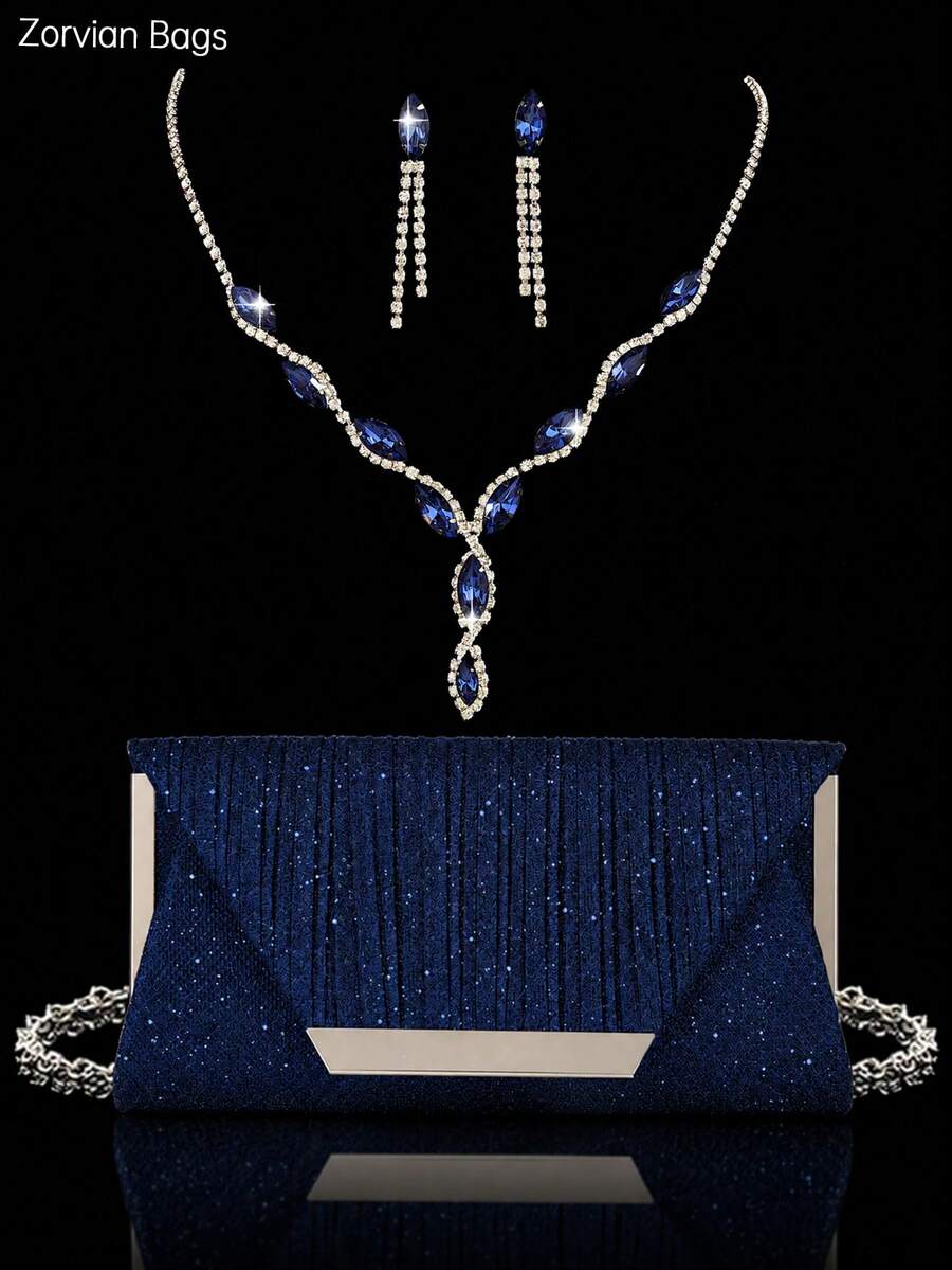 REMANLAND 3 Pieces Evening Jewelry Set, Luxury Pleated Evening Bag, Shiny Clutch Bag, Shoulder Bag, Paired With 2 Pieces Sparkling Rhinestone Pendant Set, Rhinestone Pendant Necklace, Earrings, Suitable For Parties, Gatherings, Evening Events, Balls, Weddings - Navy Blue - View 1
