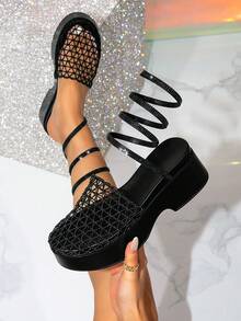 Women's New Black Thick Sole Platform Sandals, Fishnet Hollow Round Toe Rhinestone Spiral Ankle Strap Closed Toe Slides, Party Shoes - Black - View 1