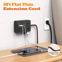 JcBlaon Stopkontak Pelindung Lonjakan Arus 5 kaki dengan 4 Port USB (2 USB-C), Perpanjangan Stopkontak Lebar 6 inci, Dapat Dipasang di Dinding, Steker Pipih Ultra Tipis - Steker Tipe B AS (110-127V) - View 6