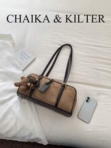 CHAIKA & KILTER 1件裝純色麂皮布料女款復古時尚啞光保齡球包，對比色絎縫縫線、雙手把設計、拉鍊開合，適合日常與外出使用（附吊飾） - 卡其色 - 查看 4