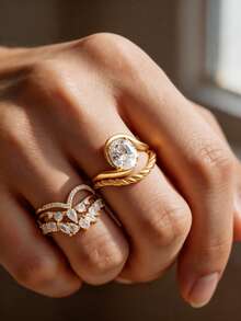 2pcs 18K Gold Plated Luxury Oval Main Stone Ring, Rope Texture Stackable Ring, Teardrop Accent Stone Ring, Exquisite Holiday Party Gift For Women - Yellow Gold - View 1