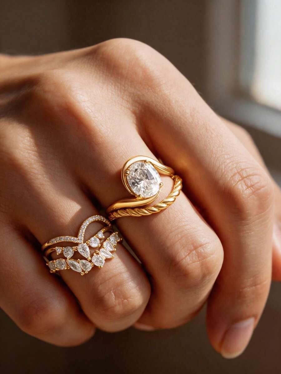 2pcs 18K Gold Plated Luxury Oval Main Stone Ring, Rope Texture Stackable Ring, Teardrop Accent Stone Ring, Exquisite Holiday Party Gift For Women - Yellow Gold - View 1