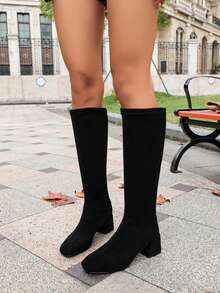 Women's Knee-High Boots, Straight Shaft With Contrast Stitching, Elastic, No Pattern, Square Toe, Side Zipper, Block Mid-Heel, Minimalist Elegant Style, Suitable For Evening Party, Casual Gathering, Commuting, Party, Autumn/Winter - Black - View 9