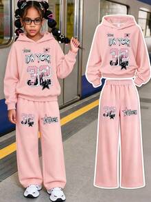 Fashionable Youth Girl Letter & Number College Style Personalized Graphic Print Hoodie Sweatshirt Paired With Printed Loose Wide Leg Pants, Autumn/Winter 2pcs Set - Pink - View 1