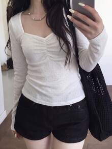 Korean Style Sweet Soft Cream Square Neck Ruched Front Long Sleeve T-Shirt - White - View 7