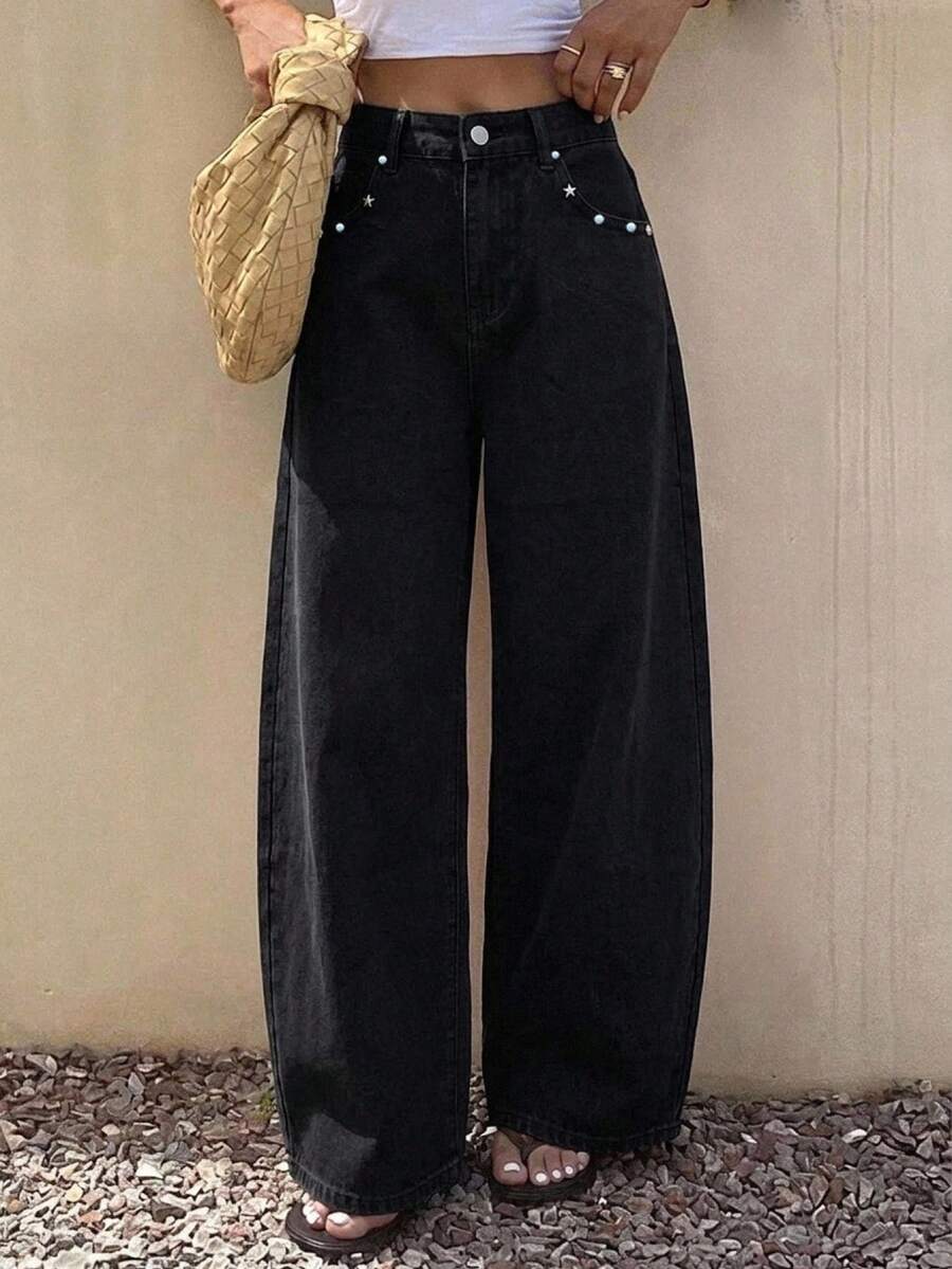 Livesso Women's Wide Leg Loose Casual Versatile Denim Jeans With Pockets Fall - Black - View 1
