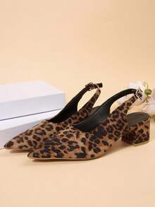 1 Pair Leopard Print Pointed Toe Closed Toe Back Strap Buckle Mule Chunky Heel Pumps Suitable For Daily, Party, Holiday, Business Wear - Mocha Brown - View 7
