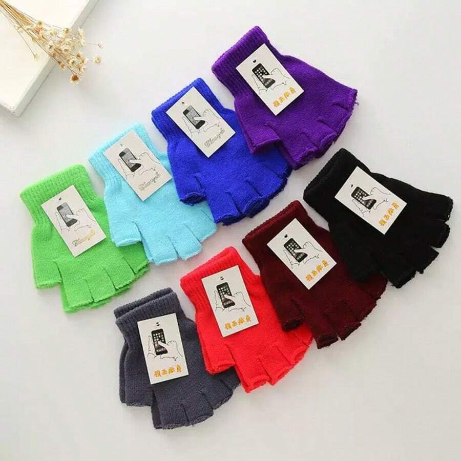 1 Pasang Sarung Tangan Tanpa Jari Akrilik Warna Polos untuk Musim Dingin - A - View 1
