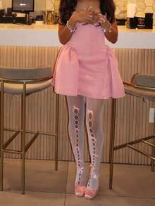 Women's Hollow Design Pantyhose, Front Pink Bow Decor Sheer Tights, Sweet And Charming Style - White - View 4