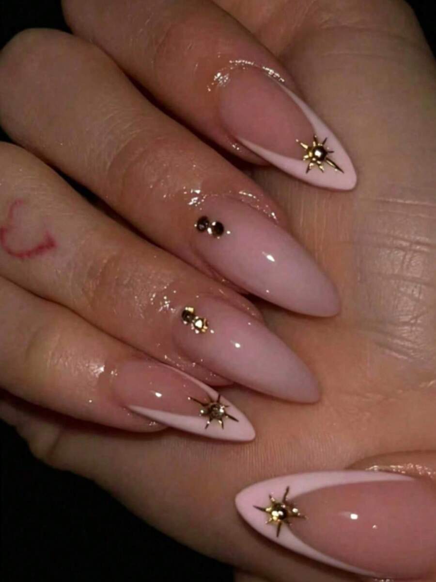10 piezas de uñas postizas de almendra nude con rubor, hechas a mano, forma octogonal, diseño starburst dorado, polvo espejo mágico 3D, estilo francés, lindas, sencillas, de moda y de alta gama