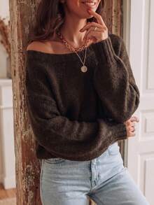 Women's Autumn/Winter Outfit Top, Beautiful Sweater, Cold Shoulder Design, Unique Clothing, Casual Elegant Style - Coffee Brown - View 3