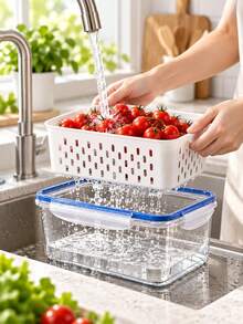 3pcs/Set Refrigerator Food Storage Containers With Drain Basket, Stackable With Lid Fresh-Keeping Box, Suitable For Fruits, Berries And Vegetables, Refrigerator Organization Kitchen Storage - Multicolor - View 8