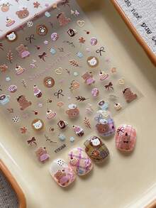 Cartoon Dessert Bear Nail Stickers, 3D Embossed Cake, Donut, Bow Cute Style Nail Decals - Multicolor - View 8