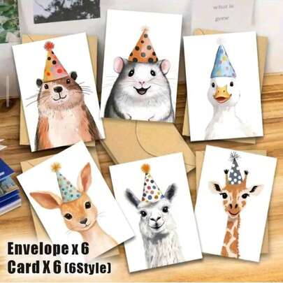 12pcs Funny Animal Birthday Cards With Envelopes, Duck, Mouse, Giraffe, Beaver, Alpaca Wearing Party Hats Pattern, Colorful Illustration Playful Design, Holiday Stationery, Suitable For Birthday Greeting Cards For Family, Friends, Colleagues