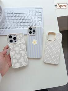 3件裝波點愛心條紋元素 TPU 防摔全包覆精準保護手機殼，適用於 Apple 11/12/13/14/15/16/17 Pro Max - 彩色 - 查看 2