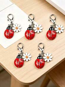 5pcs Exquisite Lucky Ladybug Daisy Keychain Pendant Set, Alloy Cartoon Insect Bag Charm Key Ring, Phone Case Pendant - Multicolor - View 1