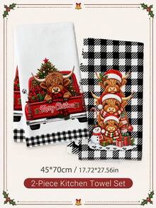 2pcs Christmas Black Plaid 3 Highland Cows Wearing Santa Hats Pattern Kitchen Towels, Soft Polyester Material Dish Cloths, Suitable For Kitchen Decor, Kitchen Cleaning, Holiday Party Decoration, Kitchen Bathroom Supplies Home Essentials, Home Decor, Housewarming Gift - Multicolor - View 9