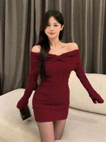 Off-Shoulder Solid Color Knit Dress For Christmas, Autumn And Winter - Red - View 5