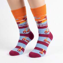 1/4 Pairs Multi-Color Random Couple Socks, All-Season, Illustration Music Note, Skateboard, Coconut Tree Landscape Silhouette, Personalized Fashion Street Casual Mid-Calf Socks - Multicolor - View 8