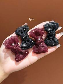 4pcs Black + Burgundy Bow Hair Clips Sweet Style Hair Accessories Suitable For Daily Wear - Multicolor - View 4