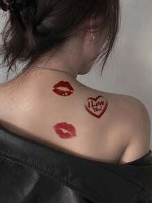STARTTOOS 1pc Pink Sexy Heart Lip Print Love Pattern Party Gift Valentine's Day DIY Holiday Gift Temporary Waterproof Tattoo Sticker For Arm, Shoulder, Neck, Collarbone, Back - Hot Pink - View 4