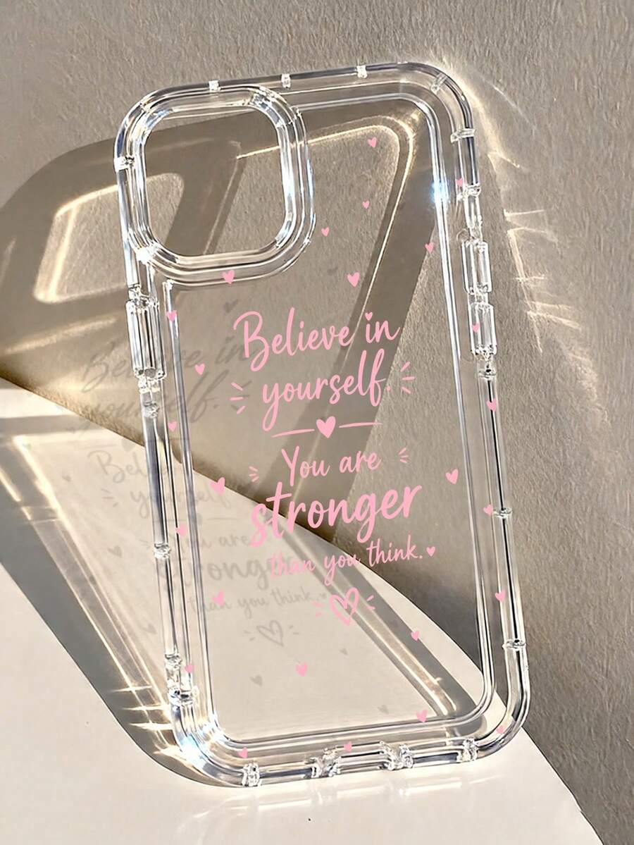 1pc Soft Girl Ins Style Heart Inspirational English Slogan Pattern Anti-Slip Transparent Air Cushion Soft Phone Case Compatible With Iphone 11/12/13/14/15/16/17/18 Pro Max - Multicolor - View 1