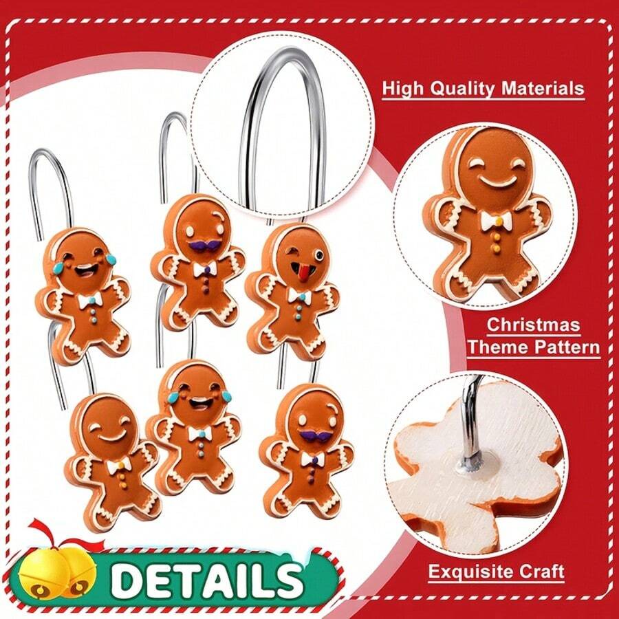 12pcs Christmas Shower Curtain Hooks, Stainless Steel Rust-Proof Gingerbread Man Resin Decorative Shower Curtain Rings, Christmas Bathroom Accessories, Freely Sliding