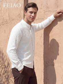 FEIAO Men's Vintage "Old Money" Textured Short Stand Collar Button Long Sleeve Shirt, Versatile Casual Style Suitable For All Seasons - White - View 3