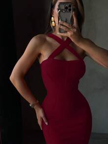 女款性感掛脖酒紅色羅紋中長版緊身繃帶洋裝，優雅夜店晚宴派對禮服，夏季女裝 - 酒紅色 - 查看 3