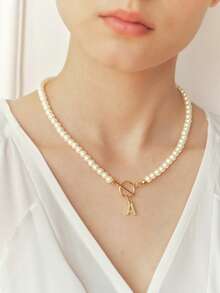 Sorayune 經典熱銷字母項鍊女款，A-Z字母吊墜，T型扣環，6mm仿珍珠項鍊，女性珠寶禮物 - 彩色 - 查看 2
