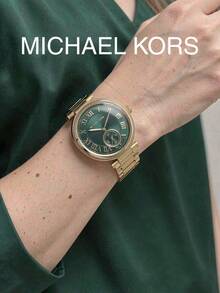 Michael Kors Women's Quartz Watch Gold Tone Bracelet Crystal Bezel Emerald Green Sunburst Roman Dial Small Second Subdial Daily Commute Weekend Getaway Accessory - Green - View 8