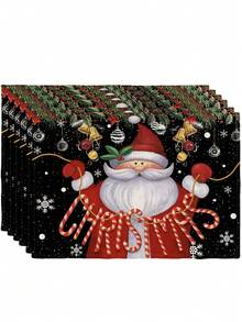 2/4/6Pcs Christmas Placemat, Black Background Santa Claus Candy Cane Print Linen Table Mat, Winter Holiday Table Decor For Dining Table, Farmhouse Xmas Party Kitchen Tabletop Decoration, Holiday Season Table Accessory - Black - View 8