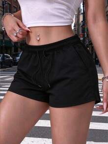 Women's Solid Color Outdoor Casual Shorts, Elastic Waistband With Pockets, Black Sports Summer Style, Polyester Material, Thin Slightly Sheer - Black - View 3