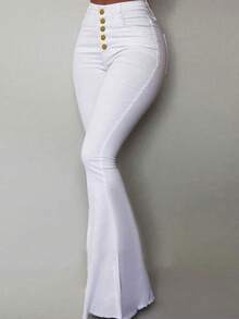 Women's High Waist Button Flare Jeans - Slim Fit Fashion - Autumn Apparel - Valentine's Day Casual Spring White Fall - White - View 4