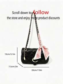 FEISTURE 1pc Quilted Embroidered Women's Chain Shoulder Bag, Scarf Decor Flap Small Square Bag, Suitable For Girls, Women, College Students, New Professionals And White-Collar Workers, Perfect For Work, Business, Commute, School - Black - View 5