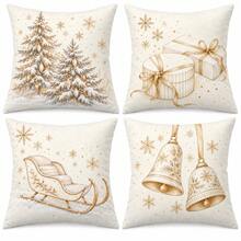 4pcs Ivory & Champagne Gold Christmas Pillow Covers, Tree Gift Bell & Sleigh Print, Elegant Square Cushion Cases For Sofa Bedroom Holiday Home Decor, Inserts Not Included - Multicolor - View 6