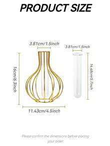 1pc Transparent Glass Vase With Wrought Iron Frame, Geometric Test Tube Shape, Suitable For Hydroponic Flowers, Bohemian Farmhouse Style Desktop, Mantel Or Wedding Reception Decor, Perfect As Housewarming Gift Modern Floral Arrangement Base - Gold - View 2