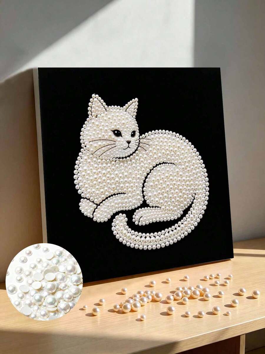 Handmade Pearl Painting Set, Pearl White Cat Pattern Design, Full Set Of Hand Tools, Wall Decoration, Holiday Gifts. - A - View 1