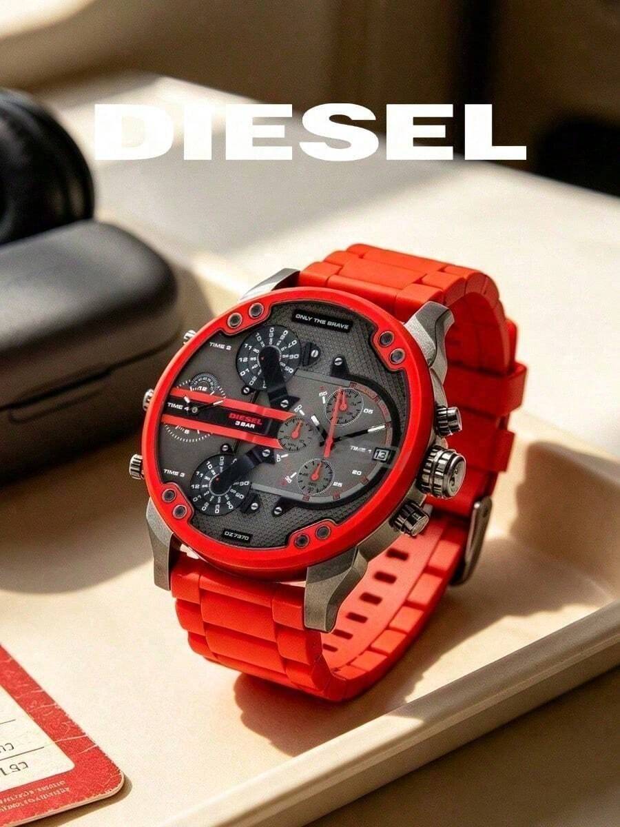 Diesel DZ7370 Men's Oversized Dial Watch, Bold Red Accents, Quartz Chronograph, Multi-Time Zone Dial, Silicone Strap, Industrial Street Style Men's Accessory - one-size - View 1