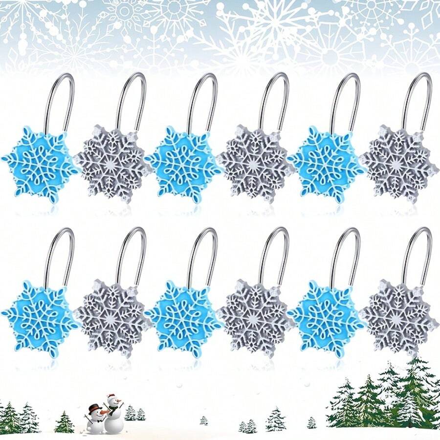 12pcs Christmas Snowflake Shower Curtain Hooks, Silver Gray Blue Stainless Steel Rust-Proof Resin Snowflake Decorative Shower Curtain Rings, Christmas Home Decor Bathroom Accessories