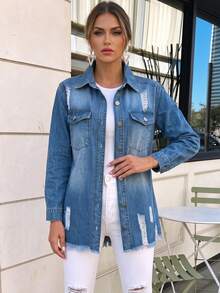 Women's Vintage Distressed Denim Jacket, Fringed Hem With Pockets, Long Sleeve Button-Up Collared Denim Coat, Autumn Grunge Style - Medium Wash - View 4